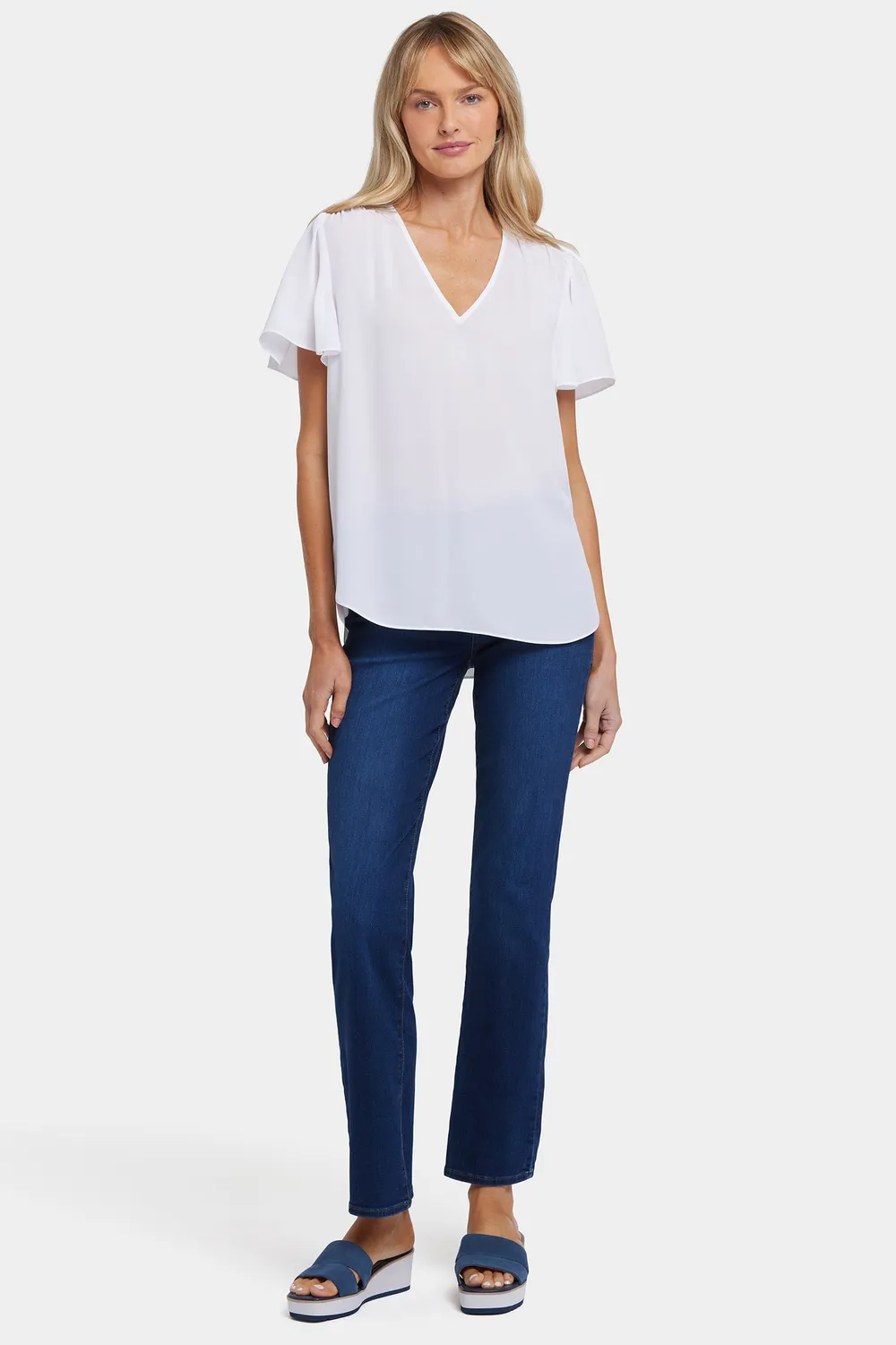 NYDJ Pleated Flutter Bluse Optic White V-Ausschnitt