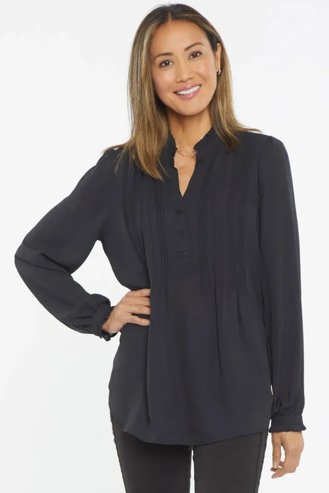 NYDJ Pleated Front Tunika Schwarz Langarm mit Rüschen