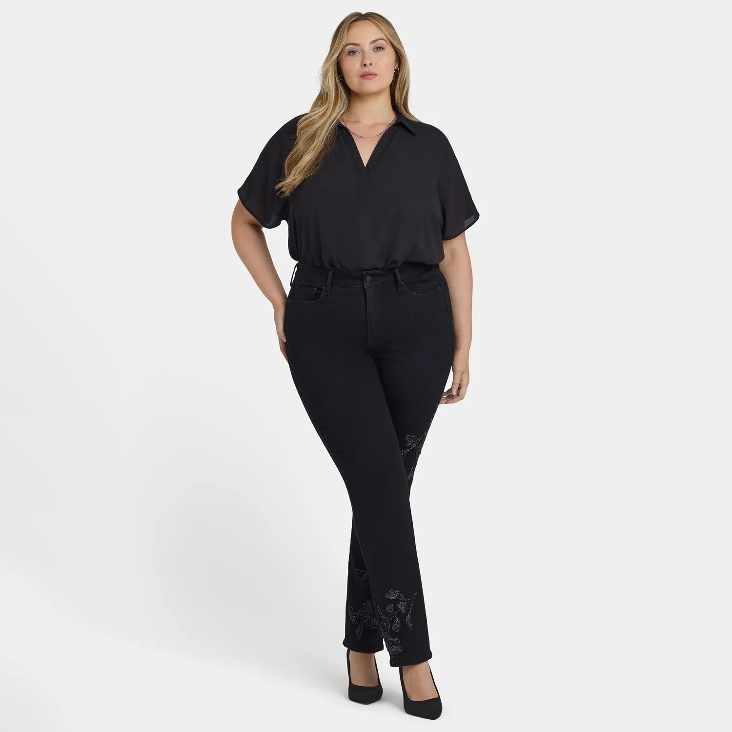 NYDJ Marilyn Straight Plus-Size Jeans Black Rinse bestickt