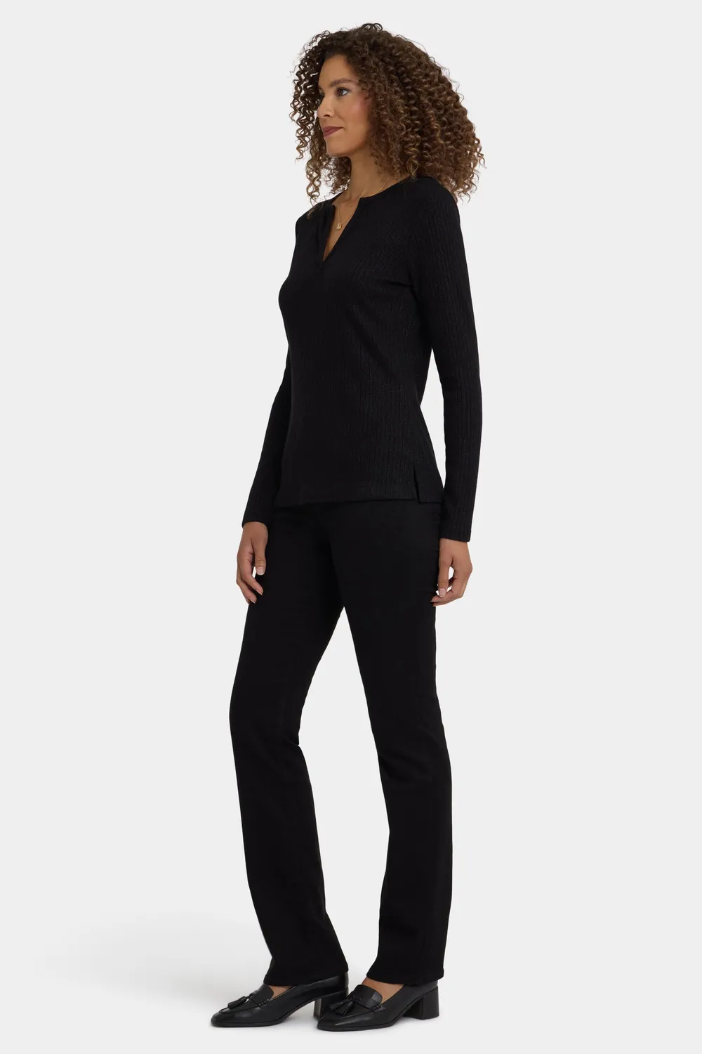 NYDJ Shimmer Henley Top langarm Schwarz Glitzer