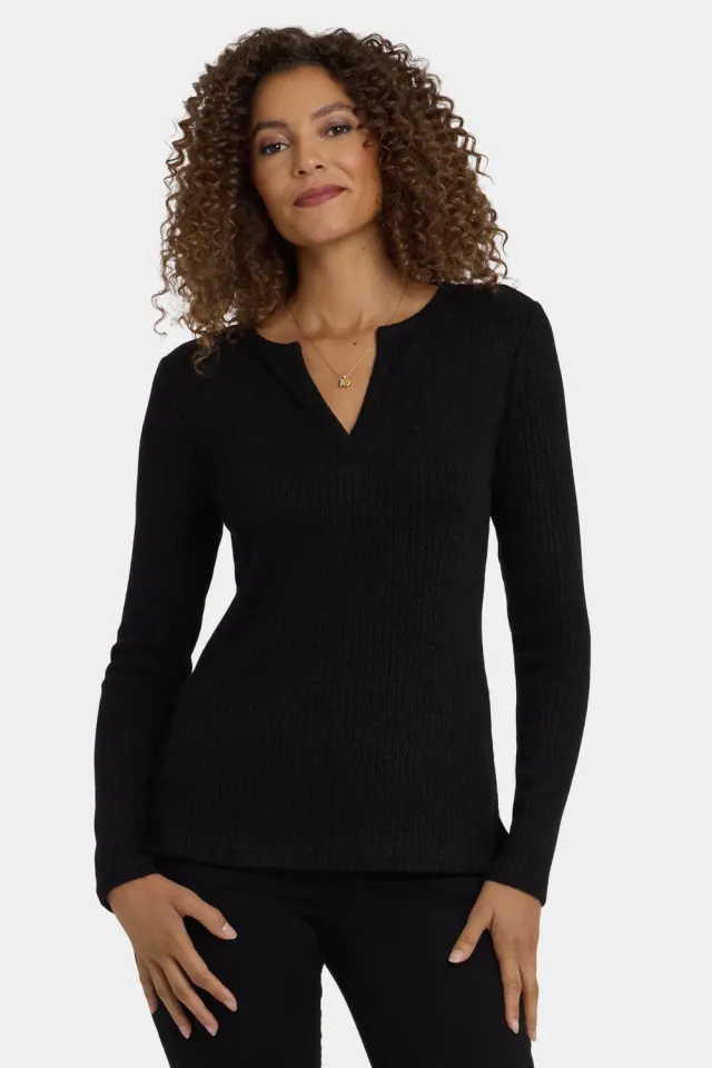 NYDJ Shimmer Henley Top langarm Schwarz Glitzer