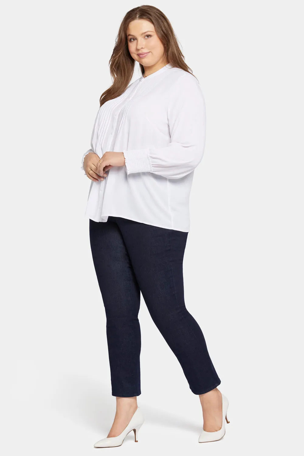 NYDJ Pleated Peasant Bluse Optic White Plus Size weiß