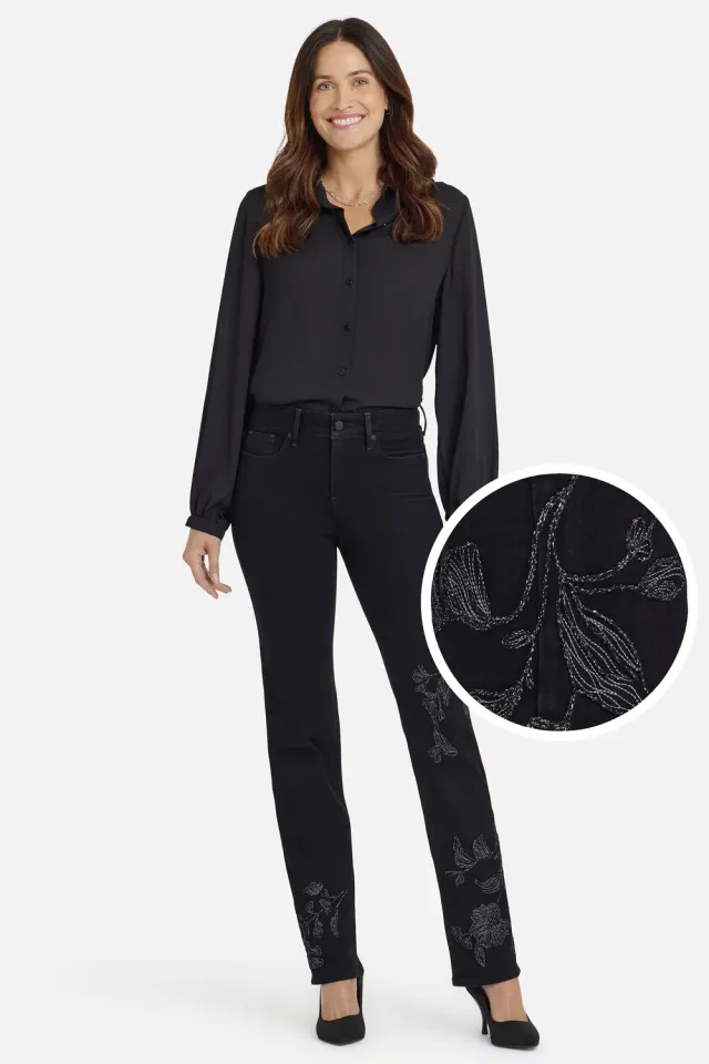 NYDJ Marilyn Straight Jeans Petite Schwarz bestickt