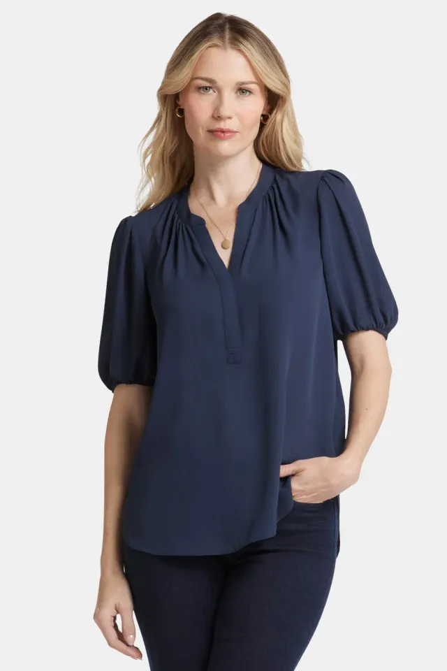 NYDJ Short Puff Sleeve Popover Bluse Navy