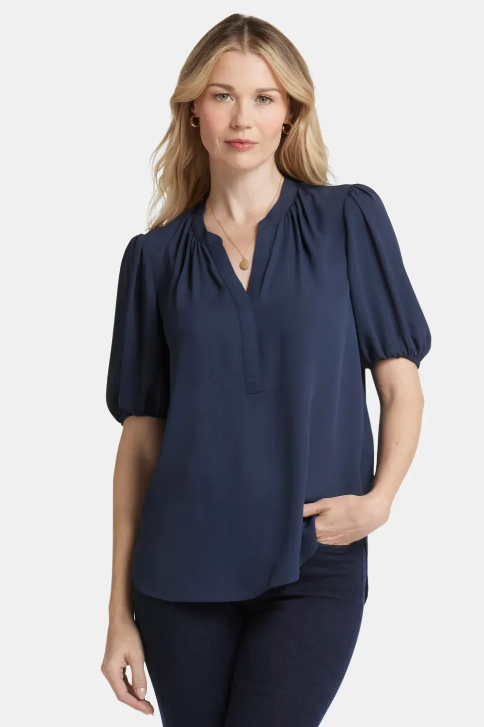NYDJ Short Puff Sleeve Popover Bluse Navy