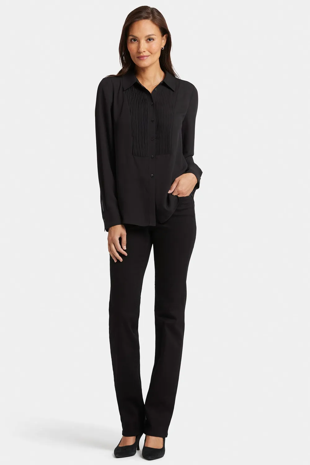 NYDJ Tuxedo Blouse Bluse Schwarz Langarm Kragen