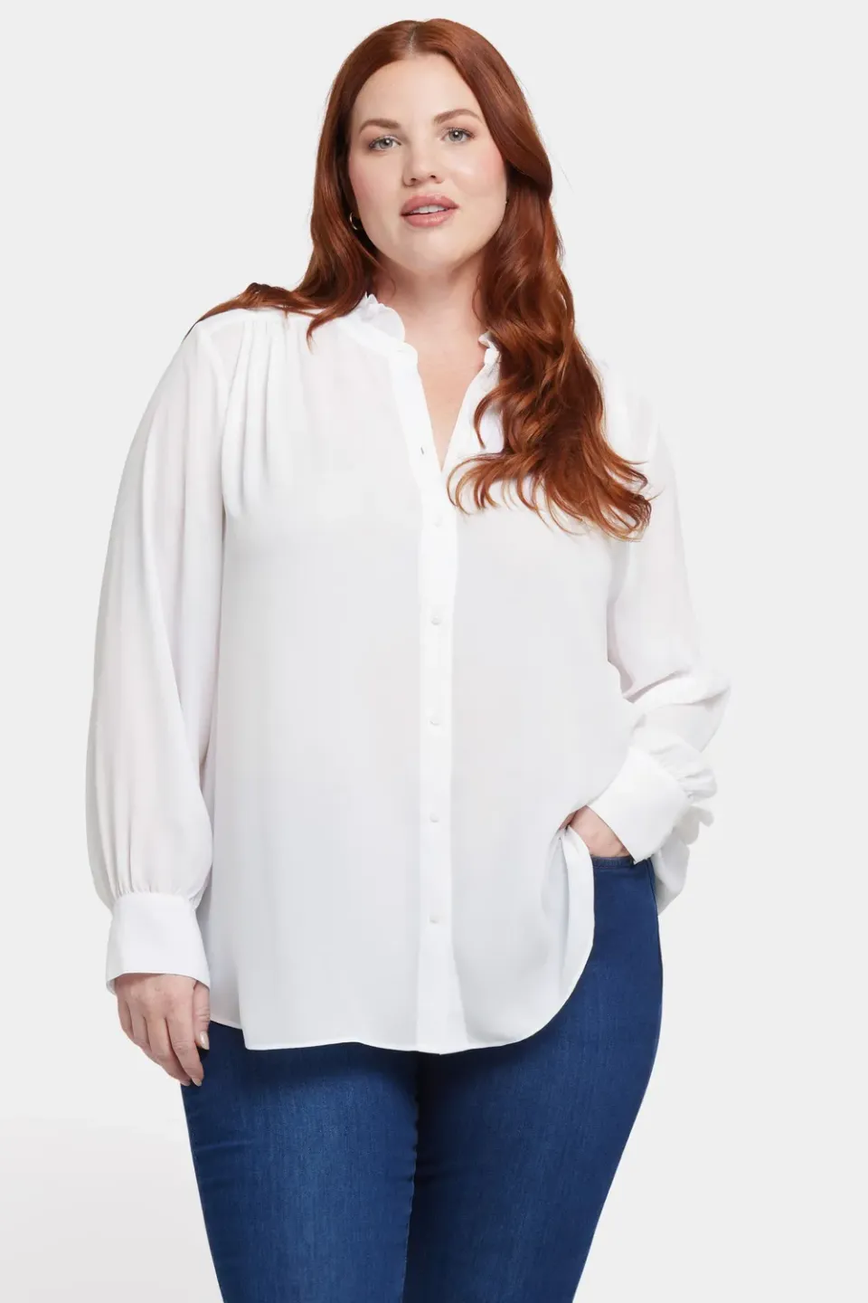 NYDJ Ruffle Neck Bluse Optic White Plus Rüschen