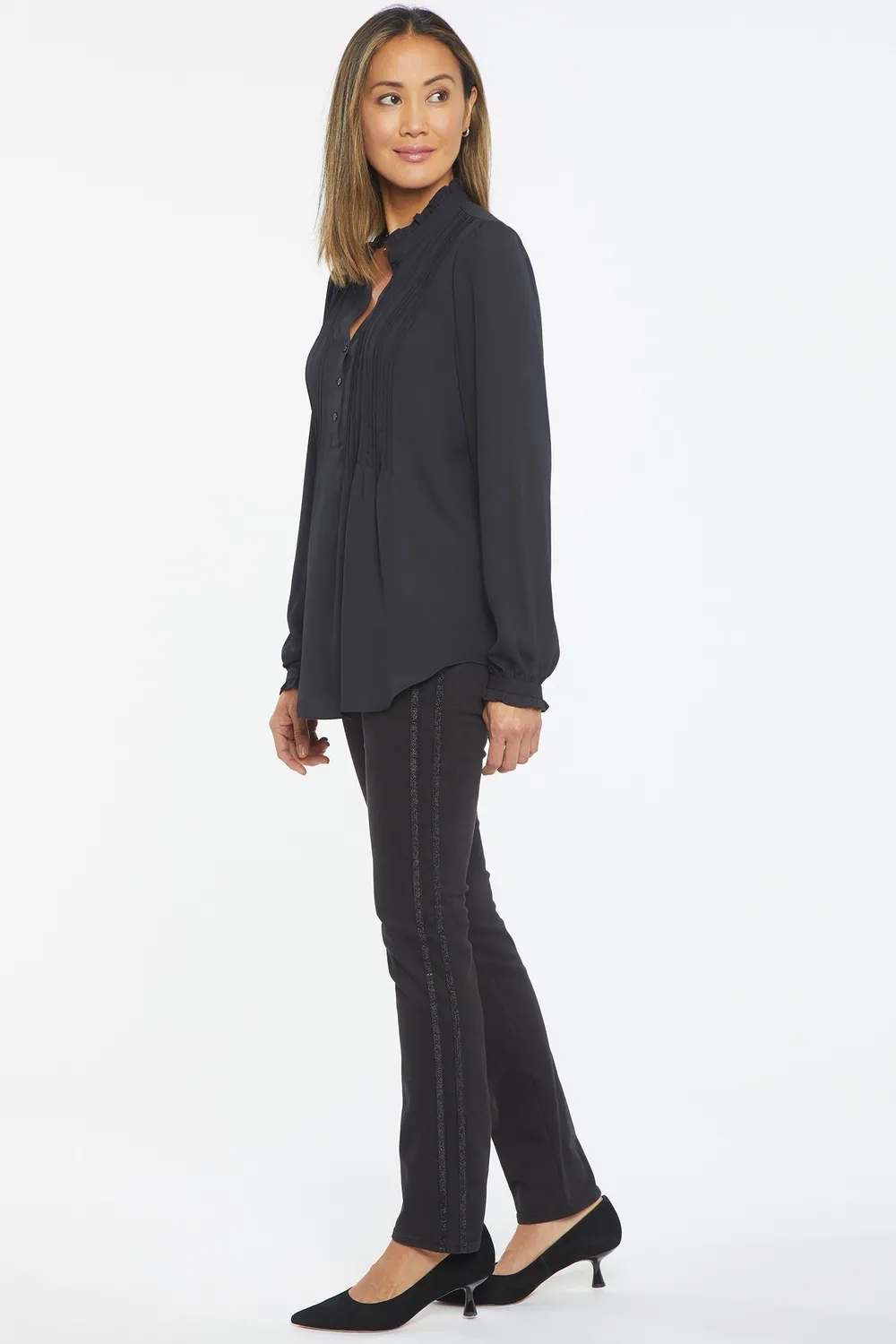 NYDJ Pleated Front Tunika Schwarz Langarm mit Rüschen