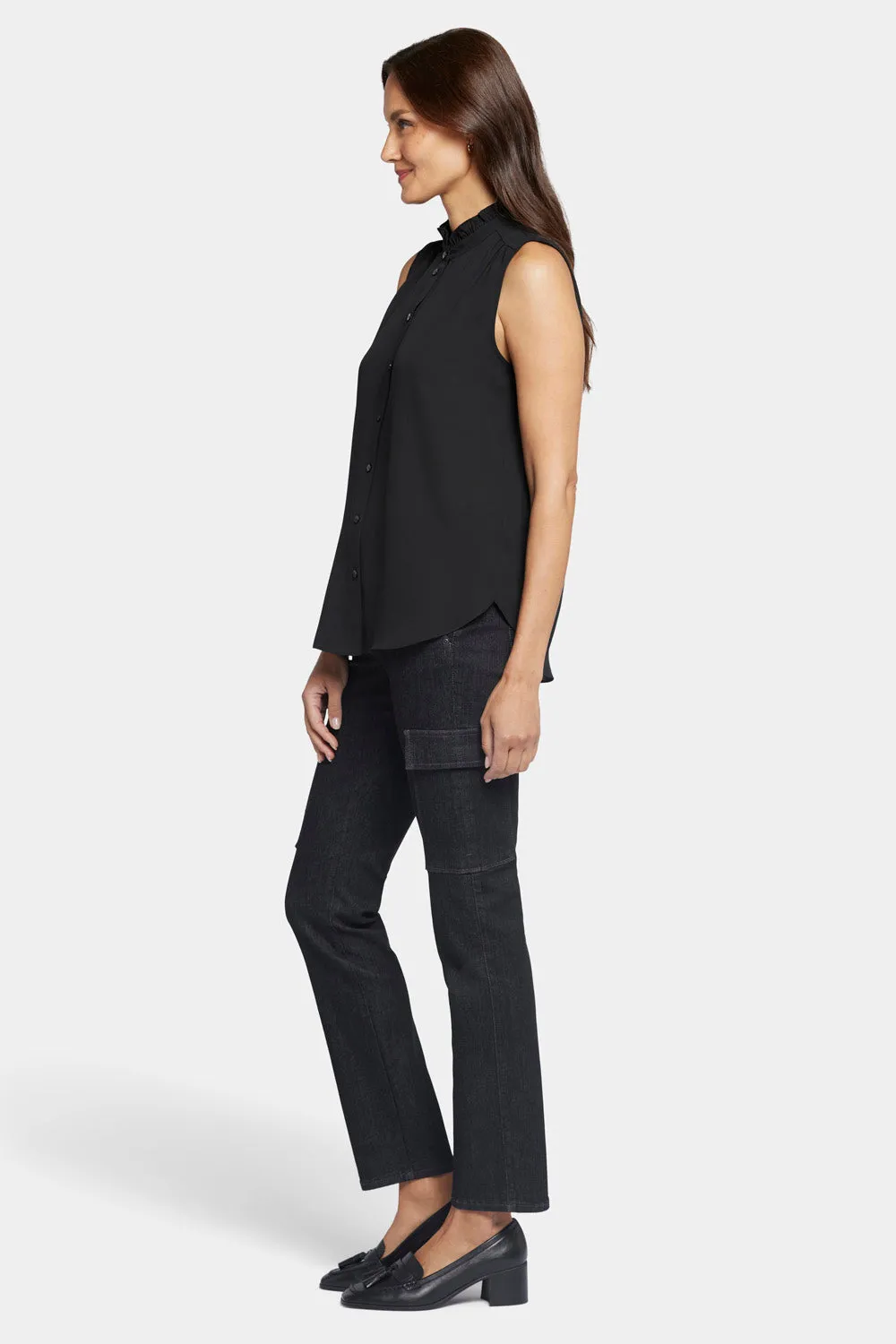 NYDJ Ruffle Neck Bluse Schwarz Ärmellos