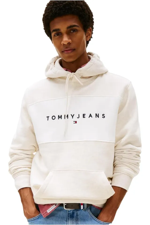 Tommy Jeans TJM Linear Logo Hoodie Kapuzenpullover XXL Beige Baumwolle