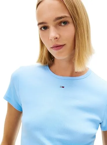 Tommy Jeans Essential Rib T-Shirt Damen L Hellblau Slim