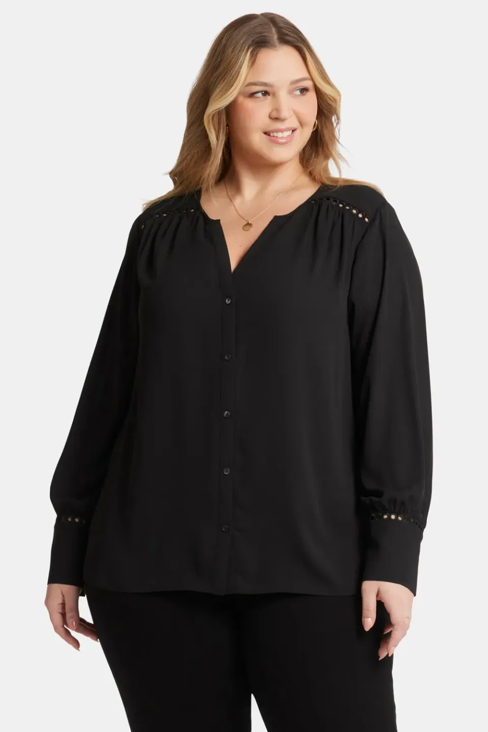 NYDJ Liliana Peasant Bluse Schwarz Plus Soutache
