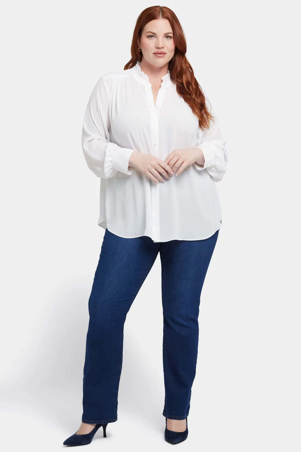 NYDJ Ruffle Neck Bluse Optic White Plus Rüschen