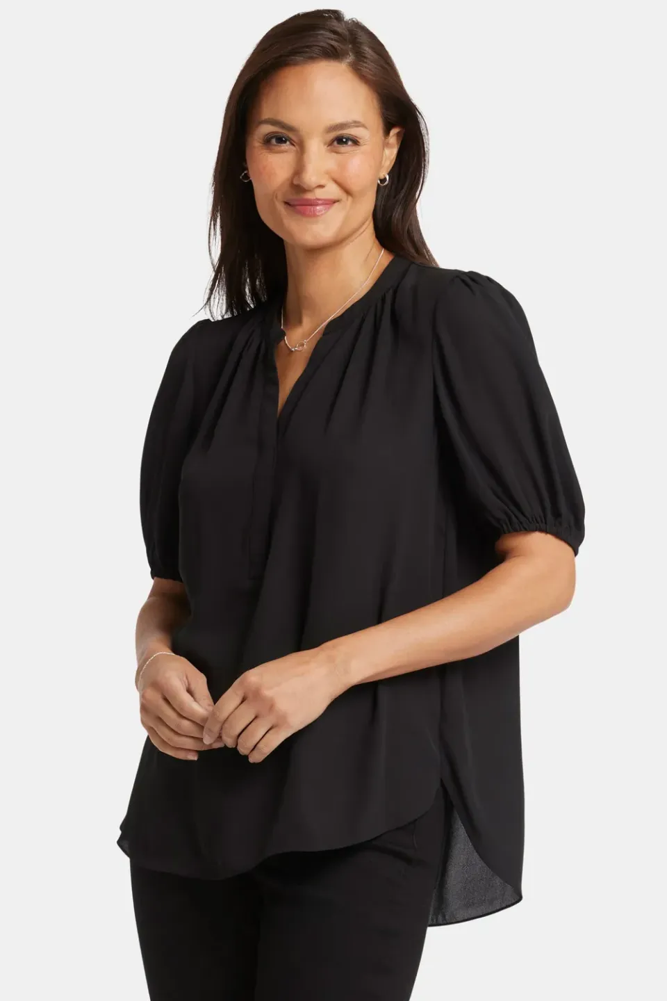 NYDJ Short Puff Sleeve Popover Bluse Schwarz Georgette