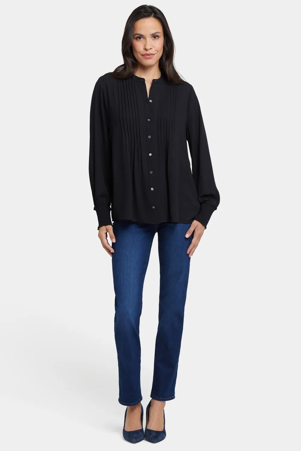 NYDJ Pleated Peasant Bluse Schwarz Smokebündchen