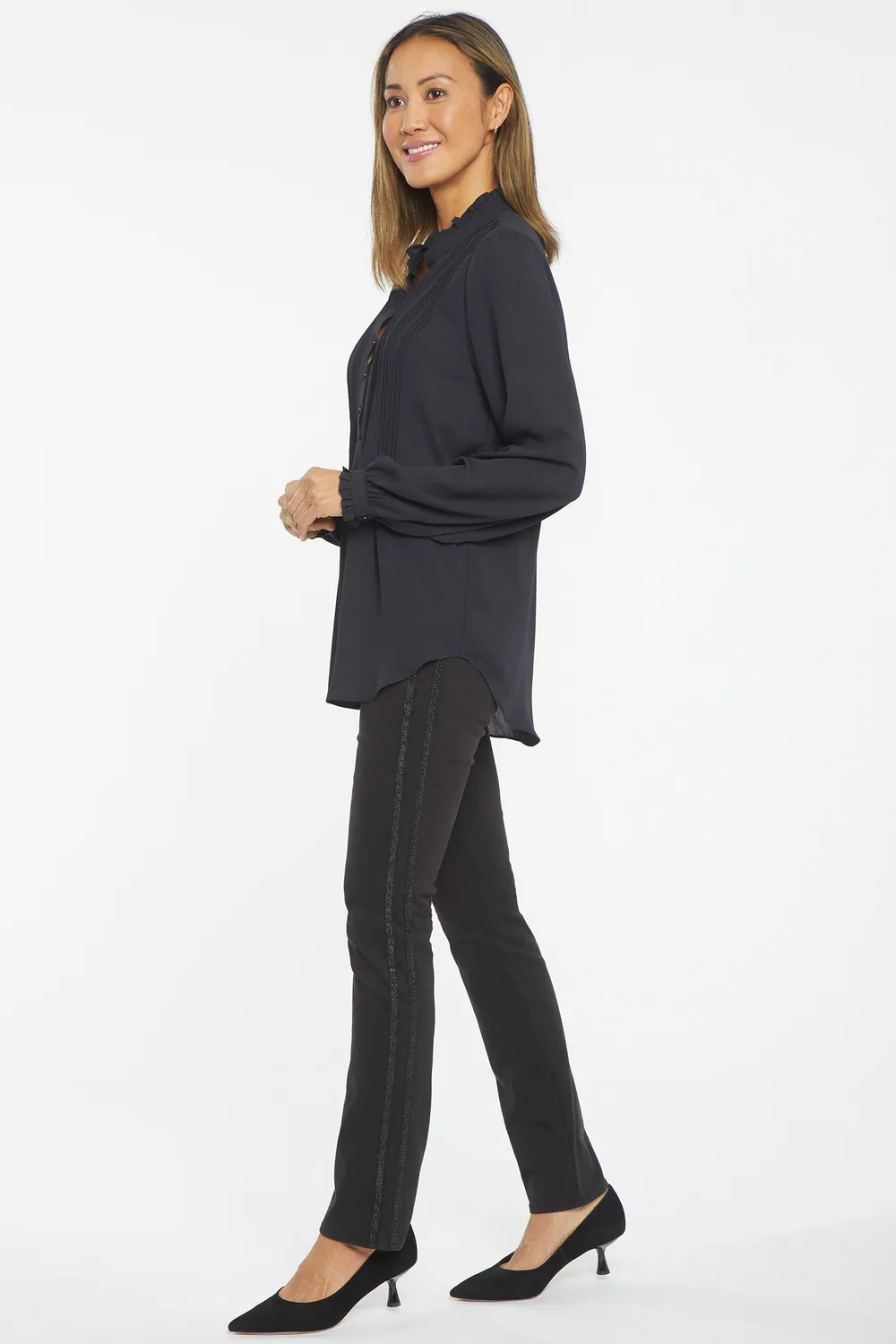 NYDJ Pleated Front Tunika Schwarz Langarm mit Rüschen