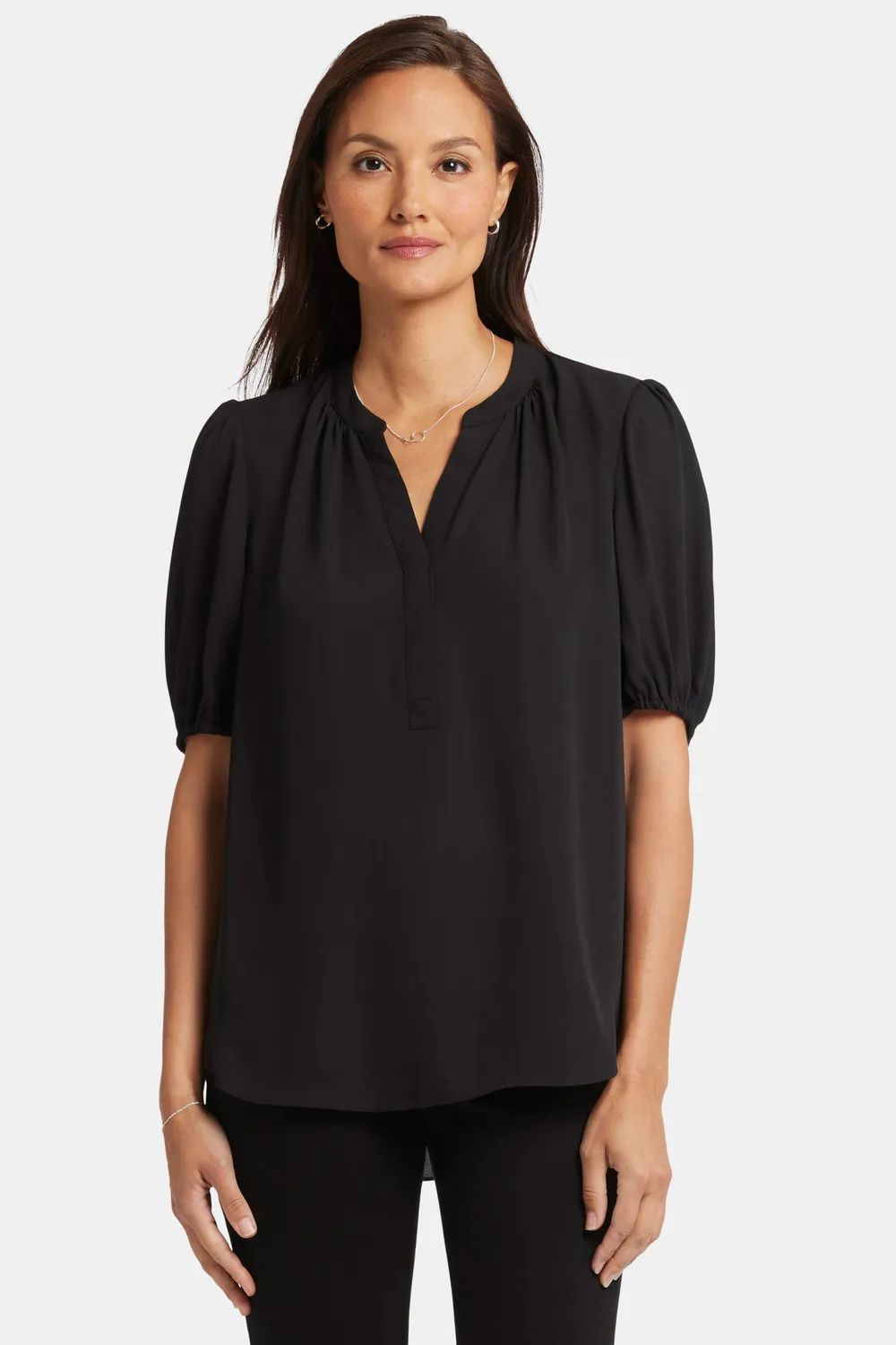 NYDJ Short Puff Sleeve Popover Bluse Schwarz Georgette