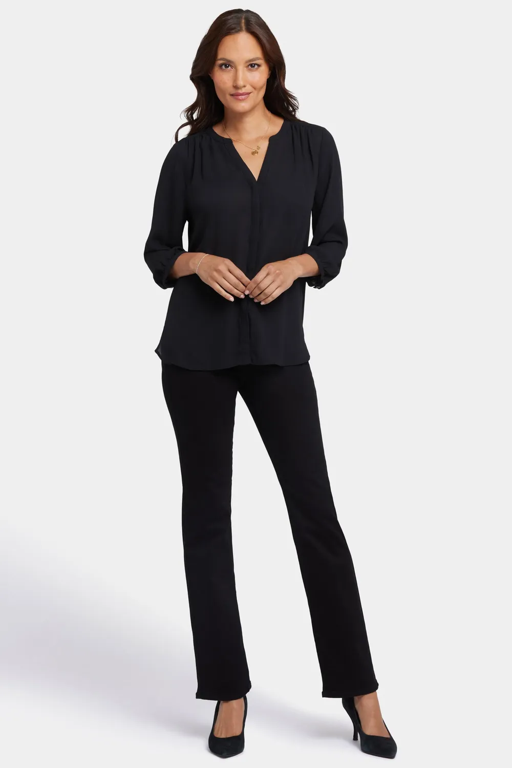 NYDJ Pintuck Bluse Petite Schwarz