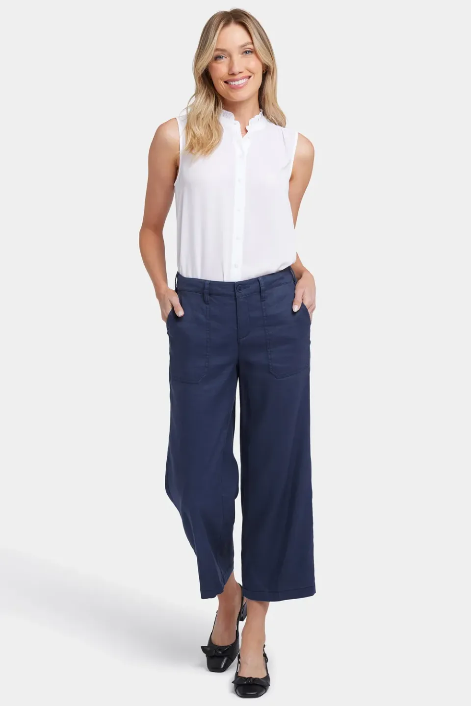 NYDJ Wide Leg Cargo Capri Caprihose Oxford Navy Petite Stretch-Leinen