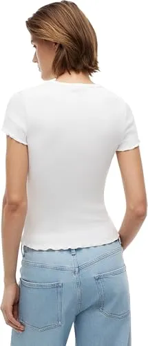 Tommy Jeans TJW Slim Lettuce Edge Rib SS T-Shirt Ecru Wellensaum