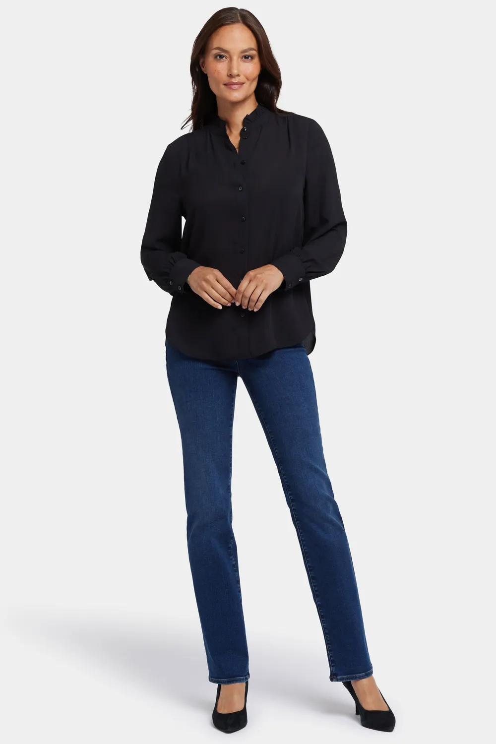 NYDJ Ruffle Neck Bluse Schwarz Rüschenkragen