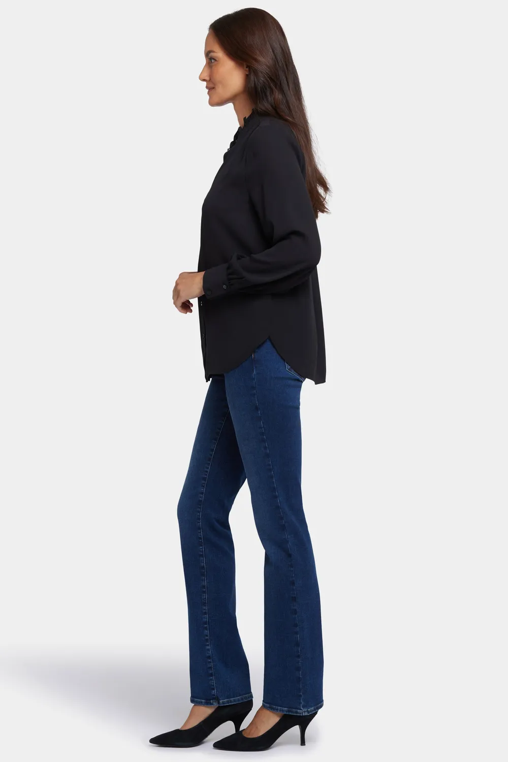 NYDJ Ruffle Neck Bluse Schwarz Rüschenkragen