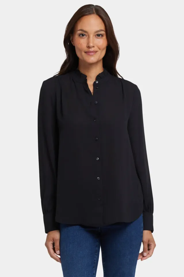 NYDJ Ruffle Neck Bluse Schwarz Rüschenkragen