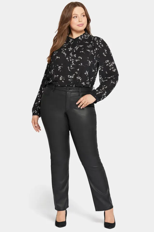 NYDJ Marilyn Straight Jeans Black Coated Plus Leder-Optik