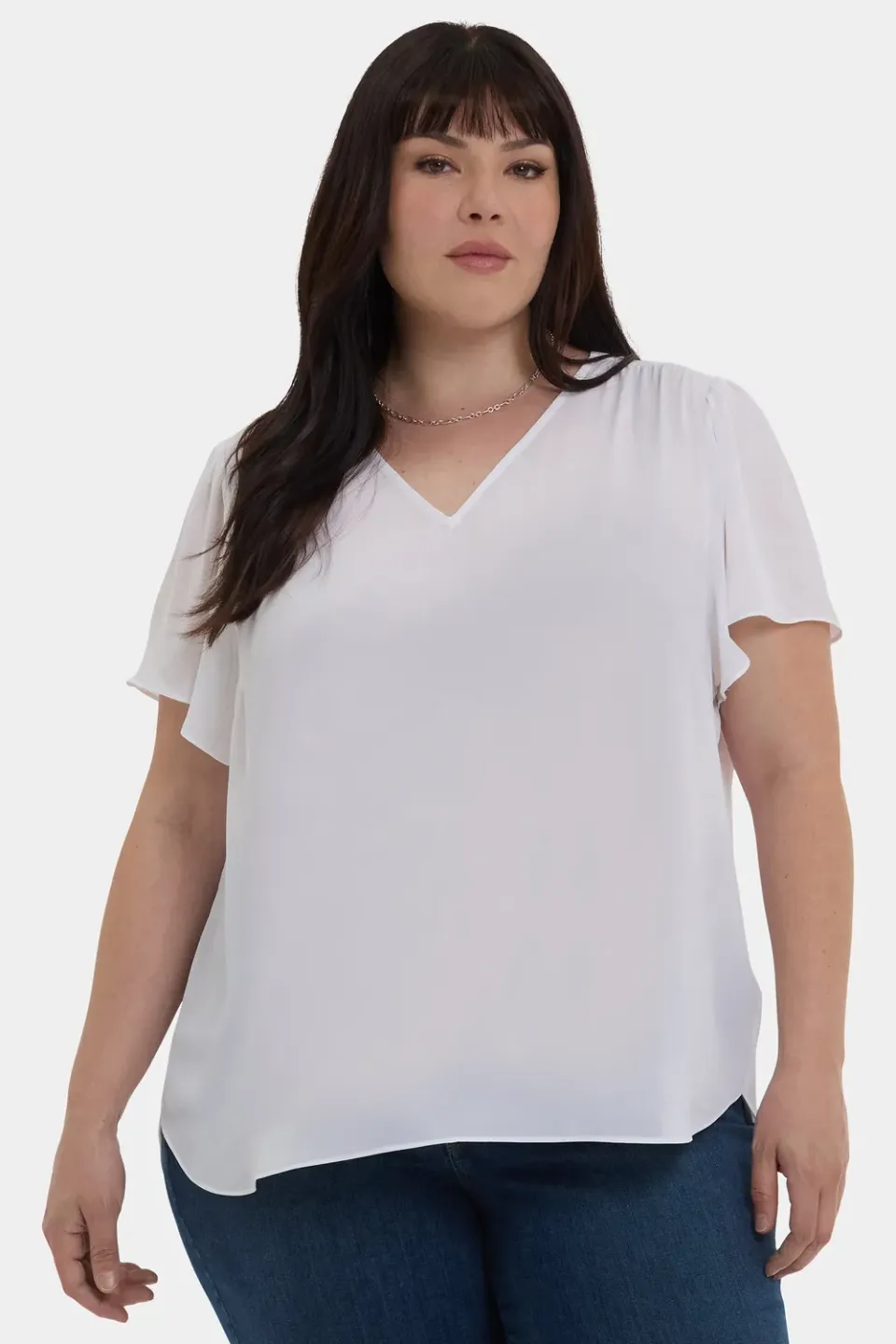 NYDJ Pleated Flutter Sleeved Bluse Optic White Plus Size