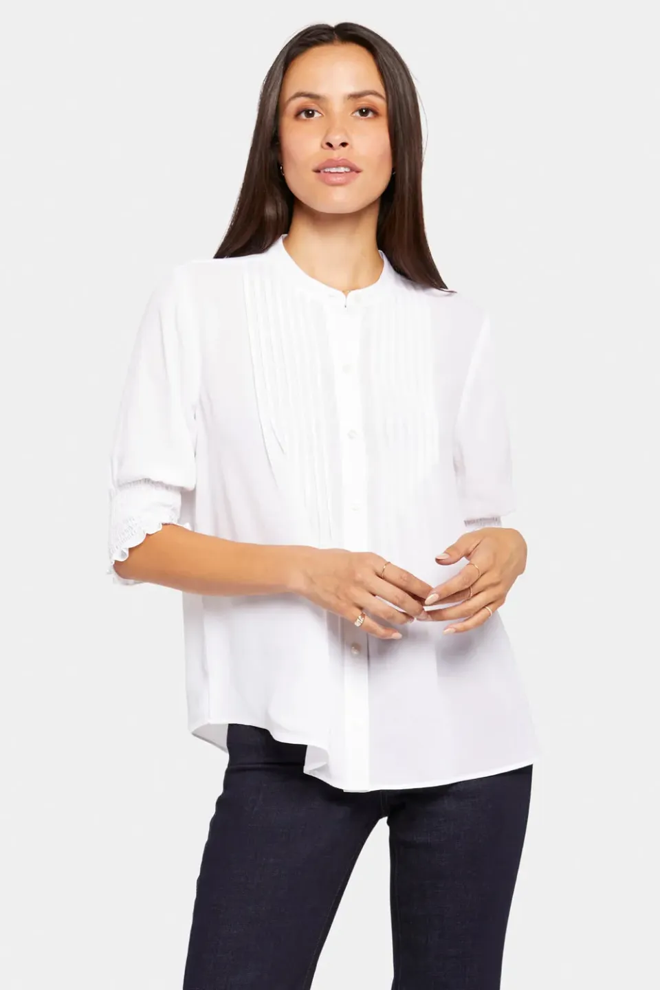 NYDJ Pleated Bluse Optic White Kurzarm mit Smok
