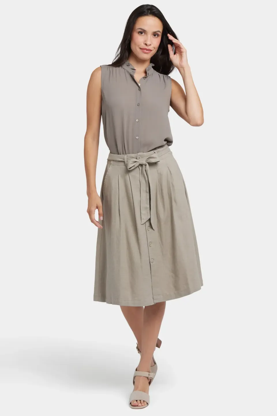 NYDJ Button Front Midi Rock Saddlewood Leinen Beige