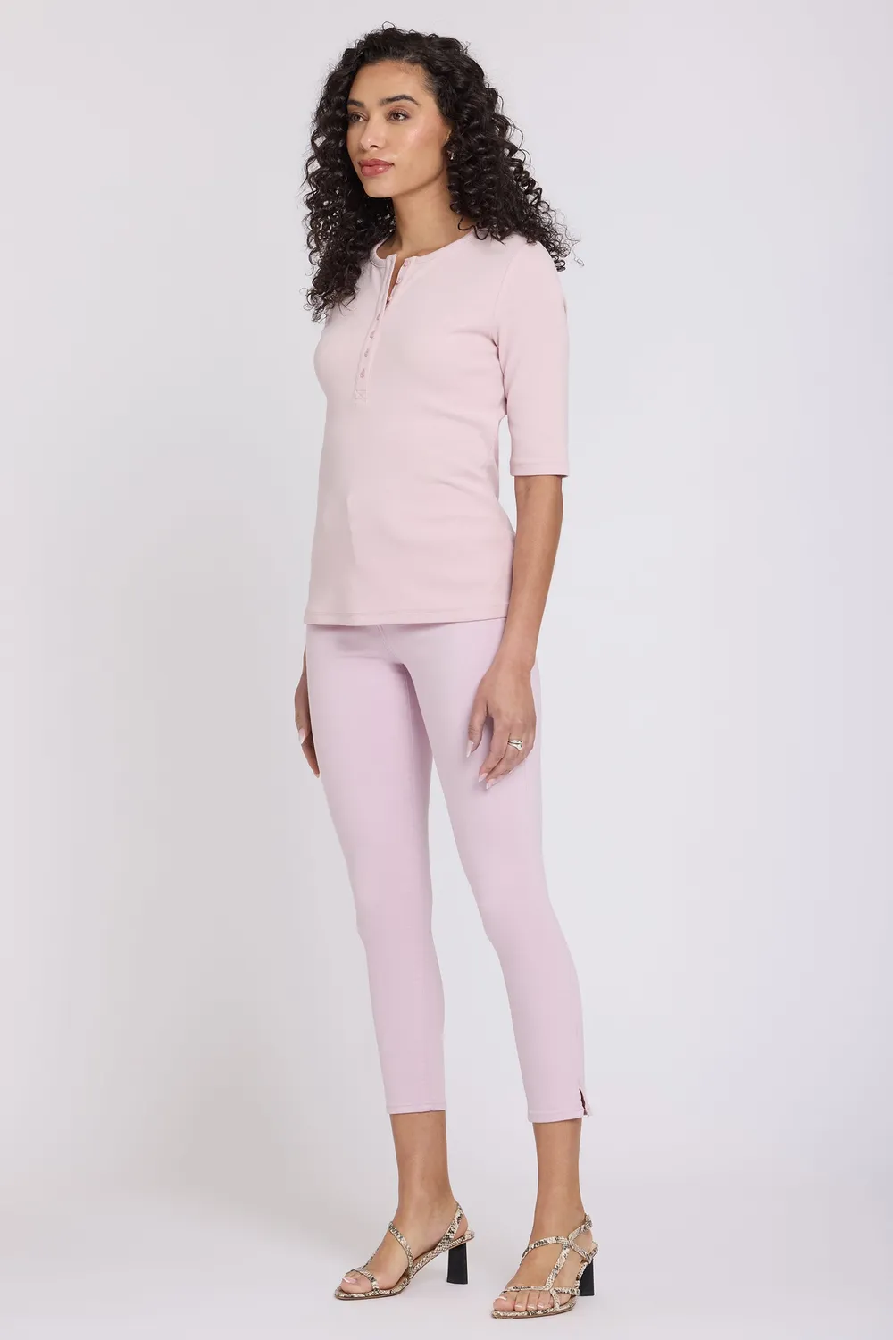 NYDJ Ribbed Elbow Henley Shirt Rock Flower Knopfleiste