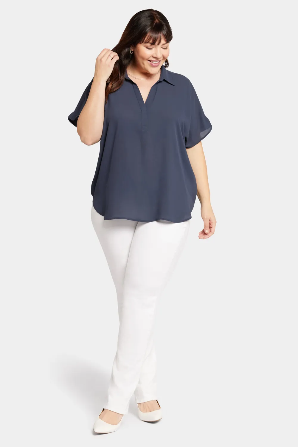 NYDJ Becky Kurzarm Bluse Oxford Navy Plus