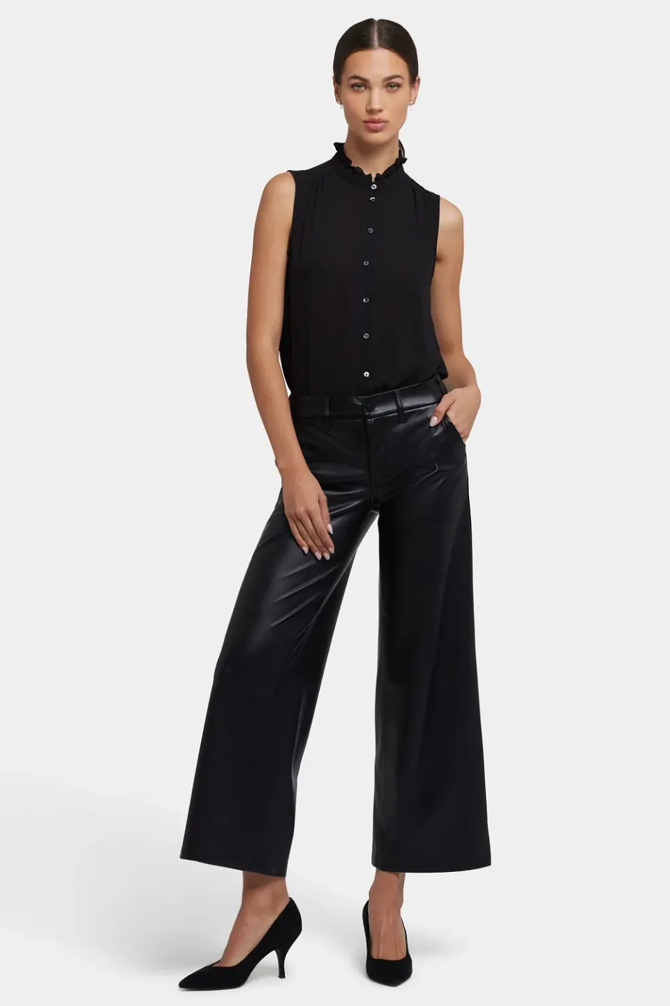 NYDJ Vegan Leder Hose schwarz Wide Leg Stretch