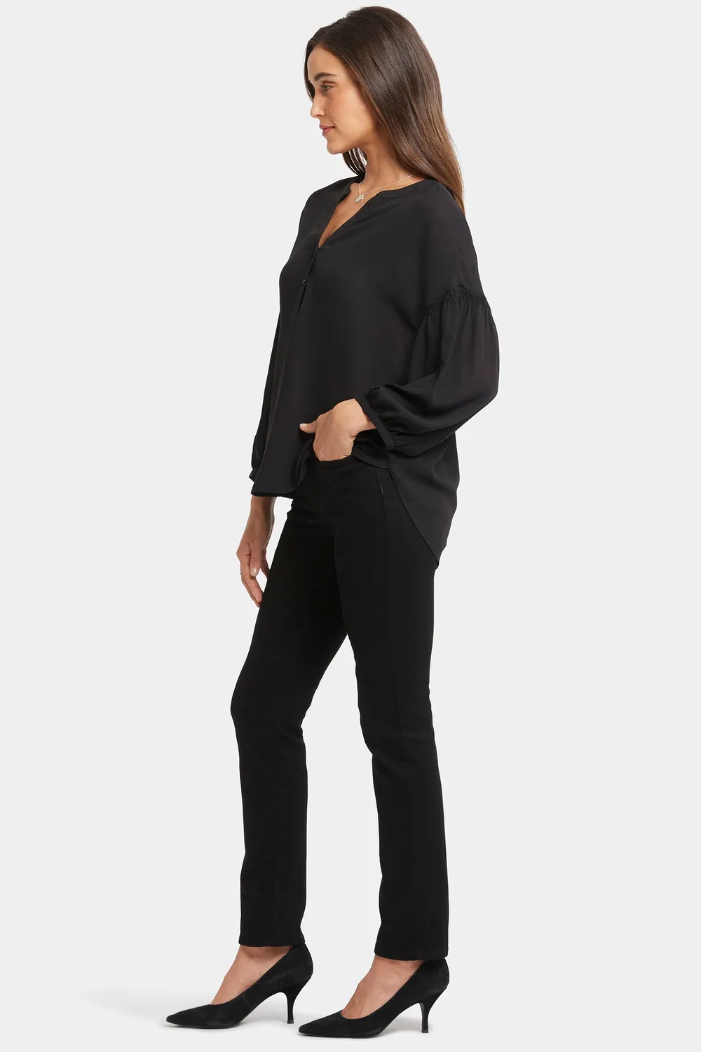 NYDJ Paulina Peasant Bluse Schwarz Knopfleiste