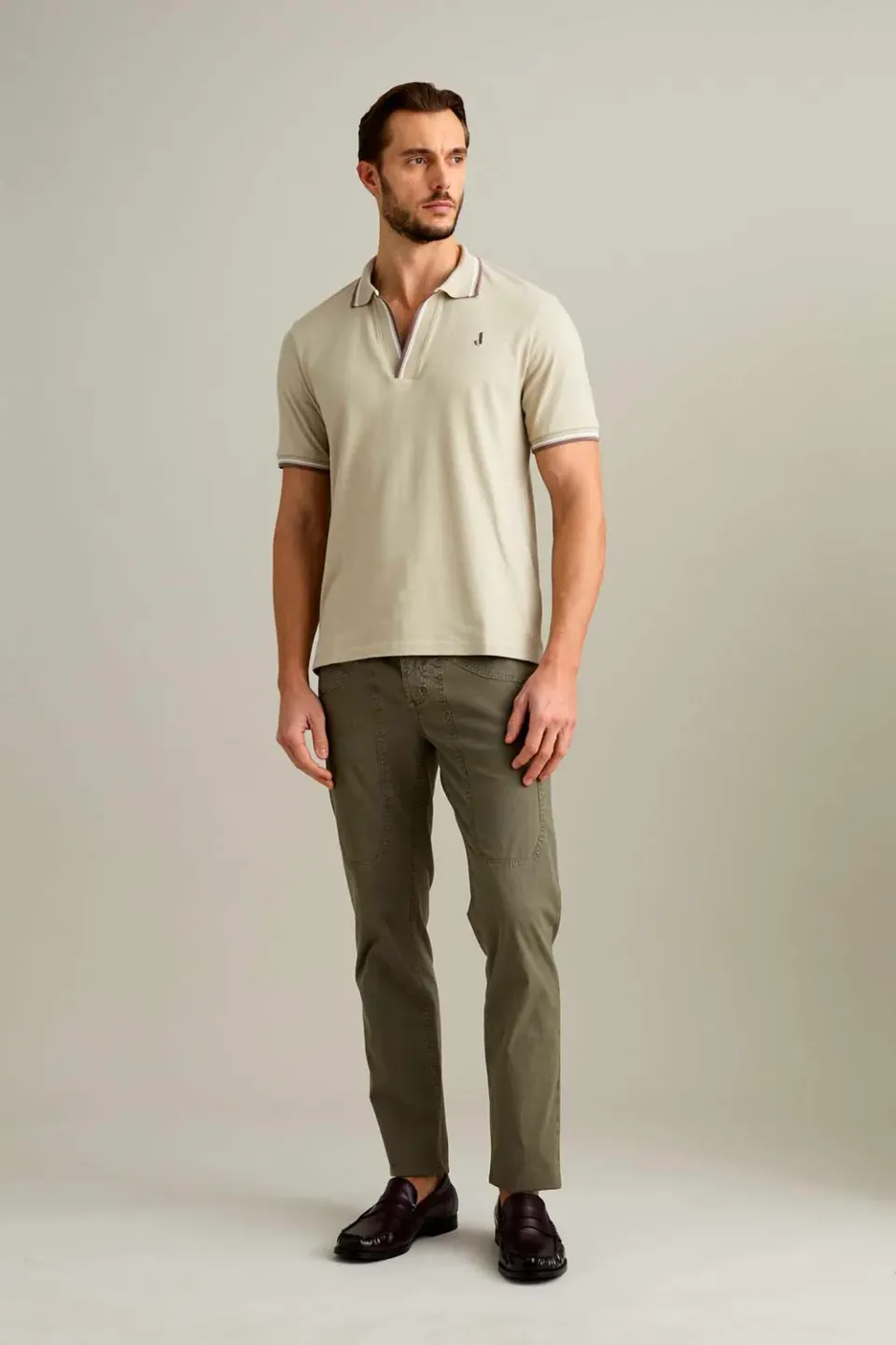 Jeckerson Polo V-Ausschnitt Polohemd Hellbeige Piquet