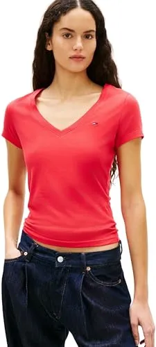 Tommy Jeans Slim V-Ausschnitt T-Shirt Damen XS Rot