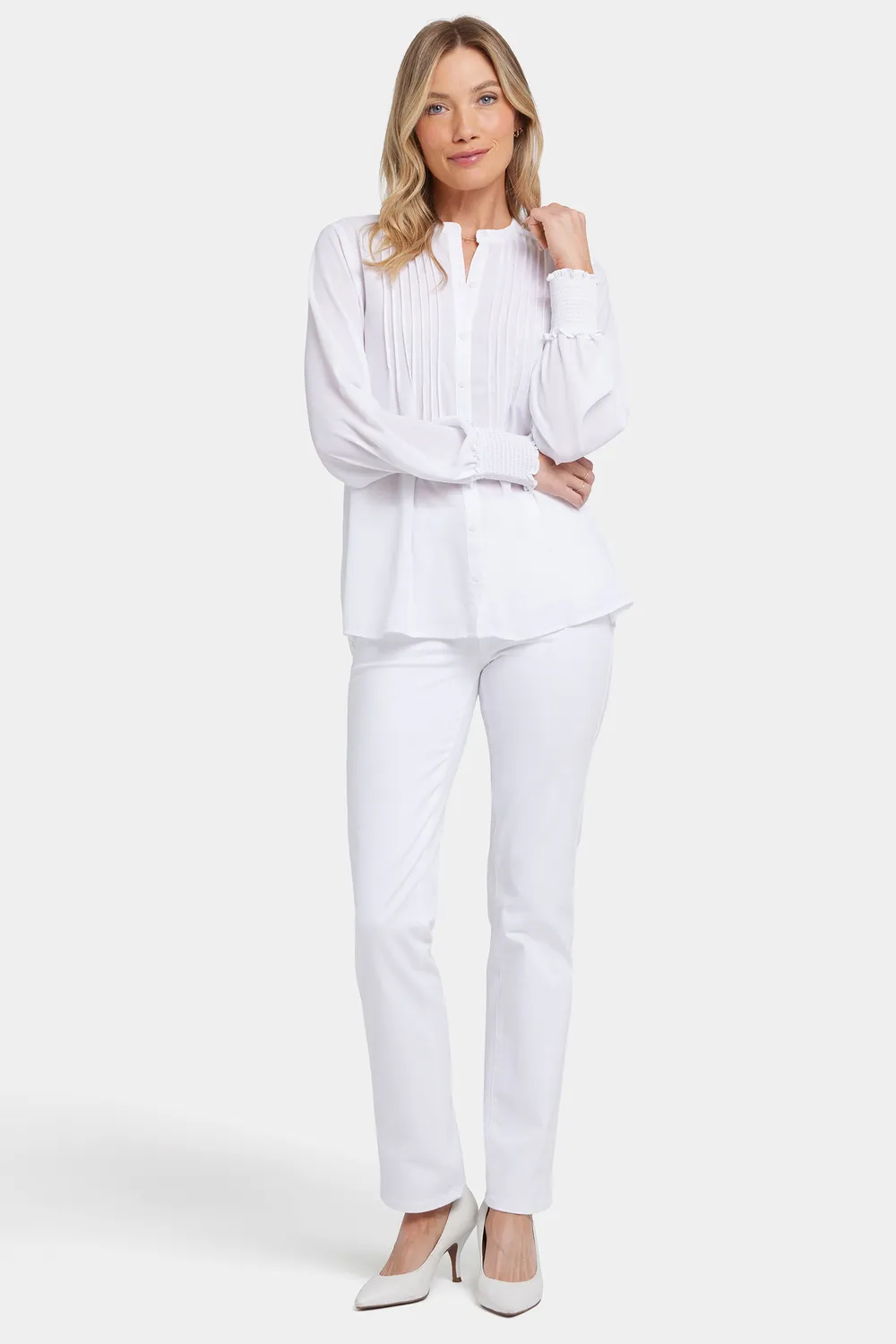 NYDJ Pleated Peasant Bluse Optic White Weiß