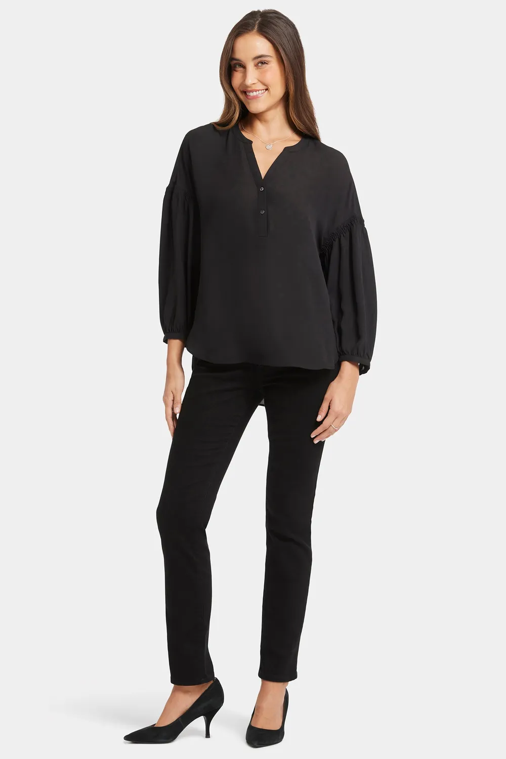 NYDJ Paulina Peasant Bluse Schwarz Knopfleiste