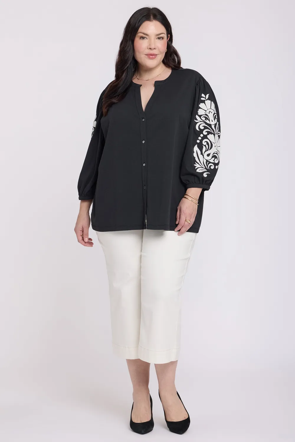 NYDJ Embroidered Knit Bluse Black Ivory Baumwolle